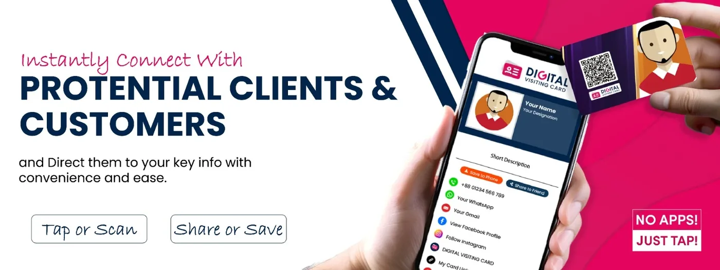 Digital visiting card banner showing tap or scan and share or save